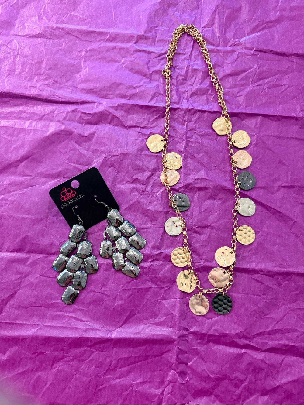 paparazzi Gold and Gunmetal Textured Coin Necklace with Gunmetal Dangle Earrings